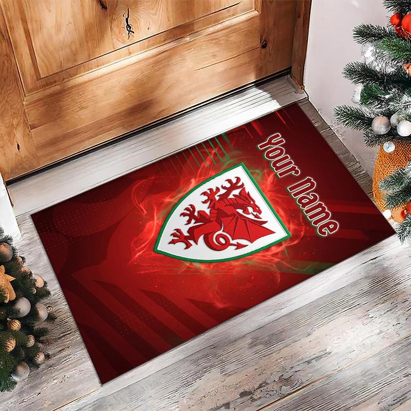 Wales Rugby Crystal Velvet Rug, Custom Name Text Personalized Non‑Slip Floor Mat for Home Decor Gift