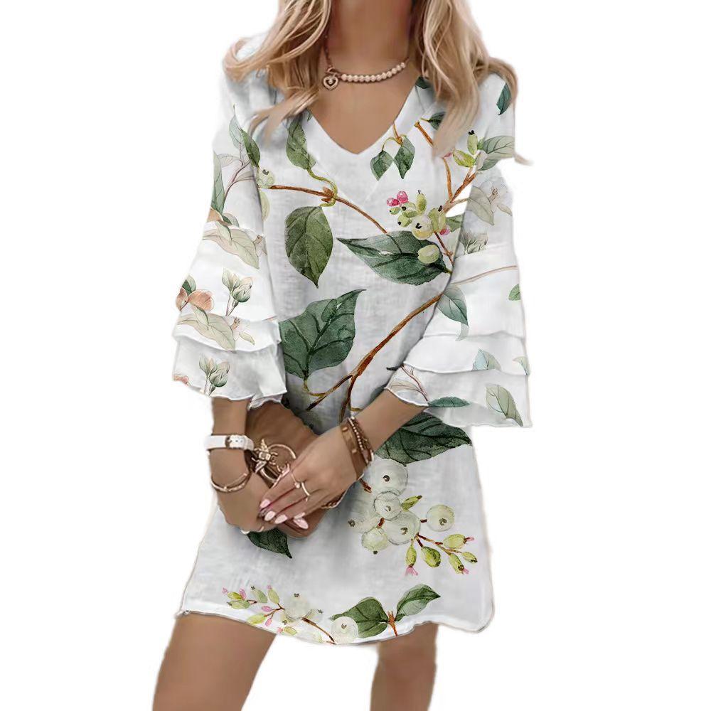 New, Fresh Printed V-Neck 3/4 Sleeve Mini Ladies Dress