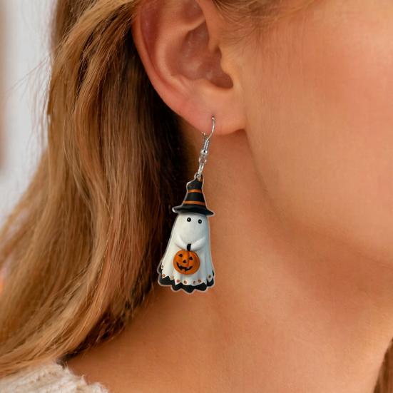Ghost Pumpkin Earrings Cute Earrings, with Wizard Hat Decor, Antioxidant Metal Halloween Drop Lightweight Acrylic Pendant
