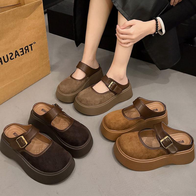 Height-increasing thick-soled belt decorative slippers women's 2025 autumn new Japanese retro versatile one-pedal bag head half-tow
