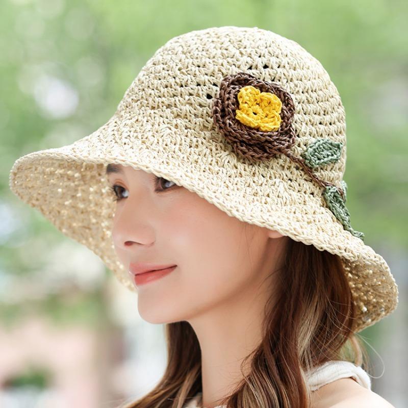 1Pc Women'S Summer Straw Hat For Women Hand-Woven Flower Patterns Fresh Holiday Seaside Beach Hat For Outdoor Hiking Travel