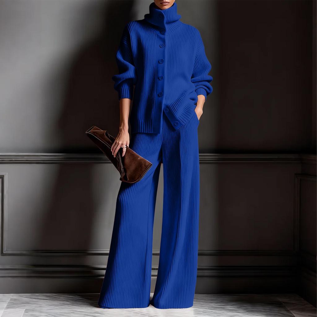 Damen Strickjacke mit hohem Kragen, einfarbig, langärmeliges Oberteil und Hose mit weitem Bein, Strick-Zweiteiler