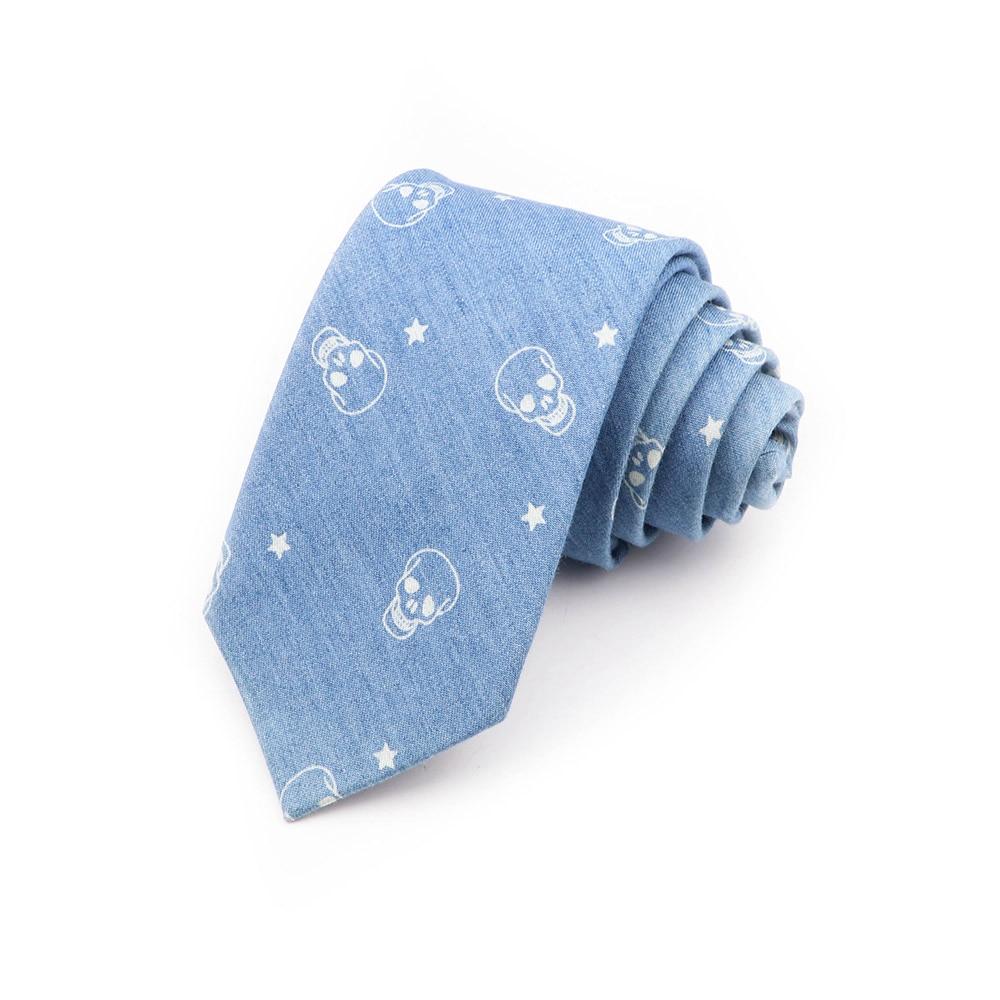 Cotton Tie, Blue, Denim Tie, For Men, Skull, Necktie, Wedding Party, Casual Slim Neckties,