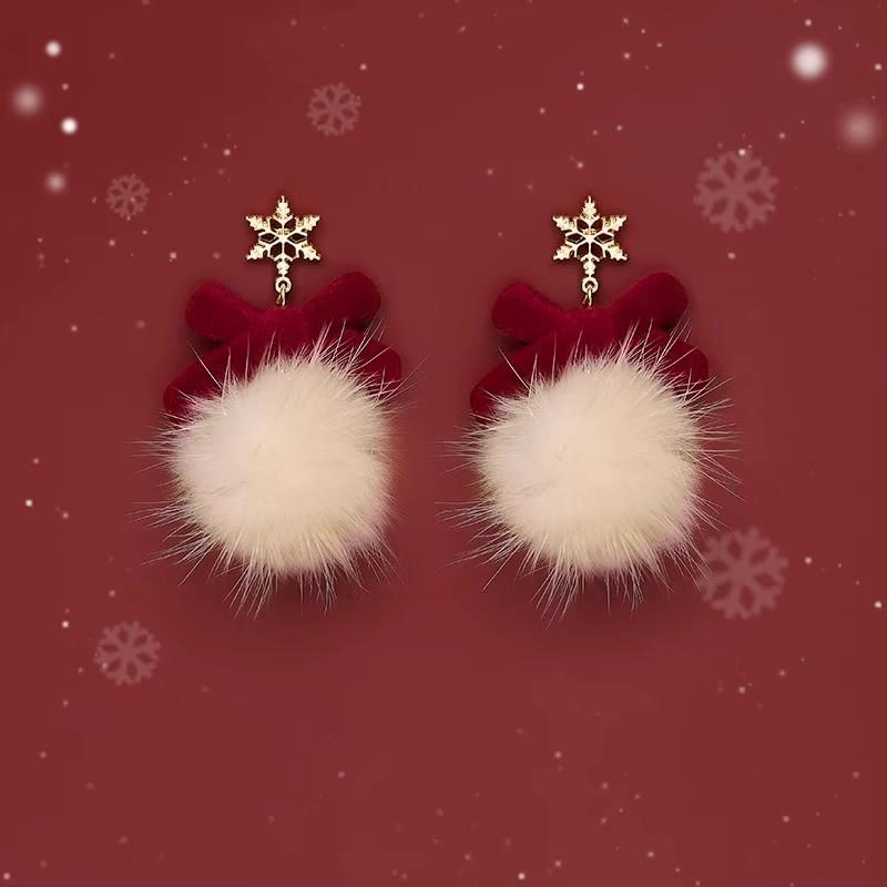 Christmas Snowflake Red Flocking Bowknot Drop Earrings for Women Vintage Red Color Love Heart Santa Claus Earrings Party Jewelry
