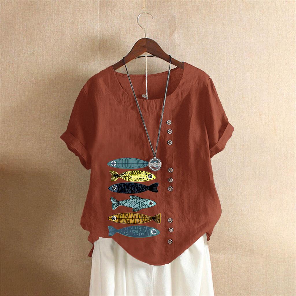 Sommer Übergröße Baumwolle und Leinen Kurzarm T-Shirt, Baumwolle und Leinen Bedruckte Übergröße Damenbekleidung