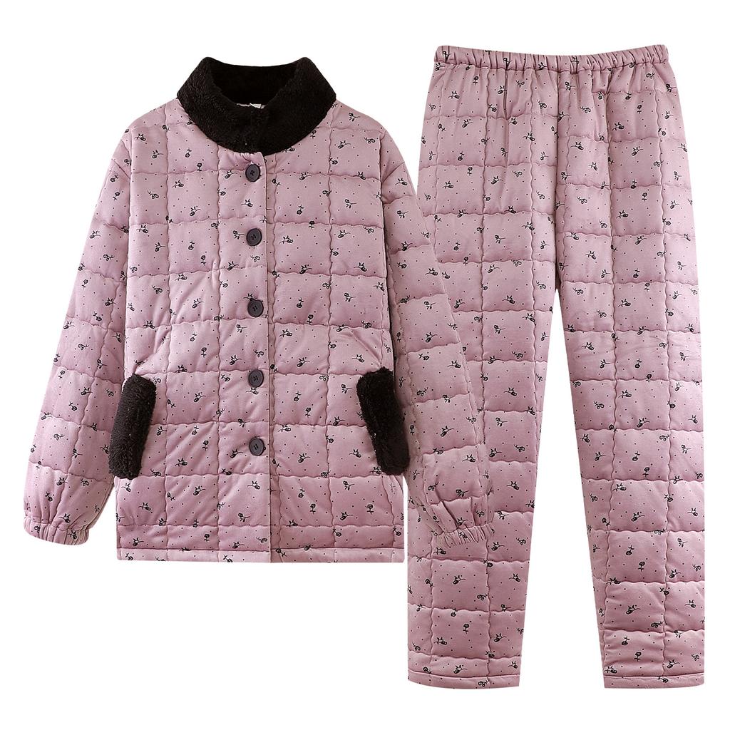 Pajamas Women's Winter Coral Fleece Three-layer Thickened Padded Jacket Winter High-end Winter Wearable Loungewear Set