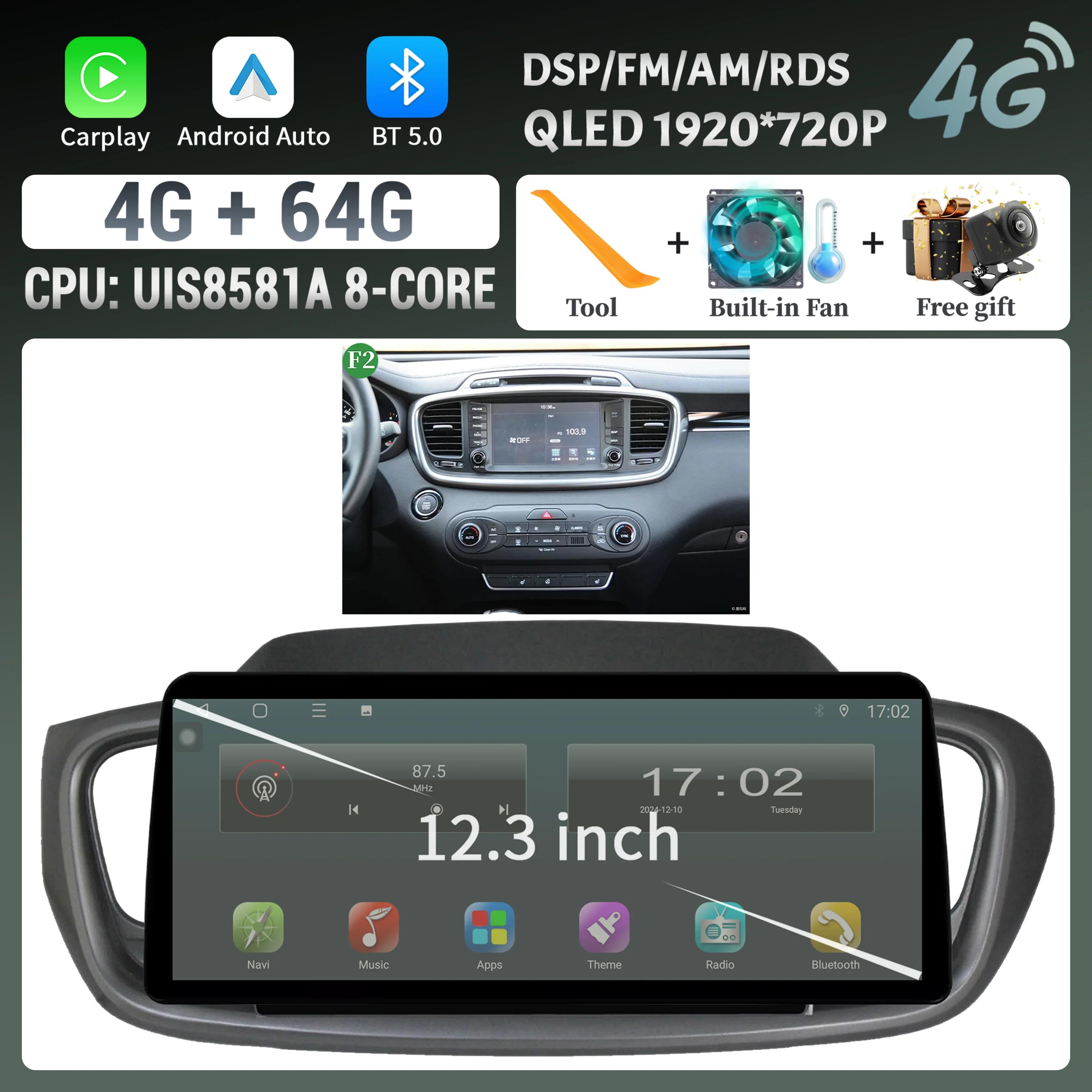 

12.3 дюйма Для KIA Sorento 2015-2018 Бездротовий Bluetooth CarPlay Android Auto Автомобільна Радіо Мультимедіа 4G GPS Сенсорний Головний Пристрій Екран CHINA