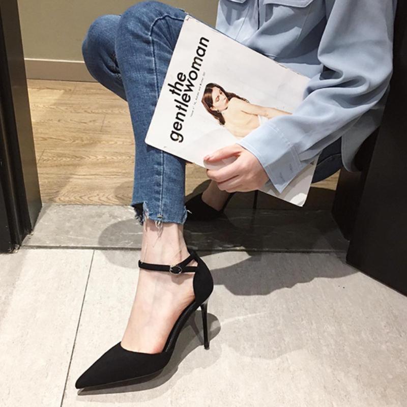 Fashion 2025 Spring and Summer New Black High-heeled Sandals French Girl Stiletto Buckle All-match Women's Pointed Toe Single Shoes