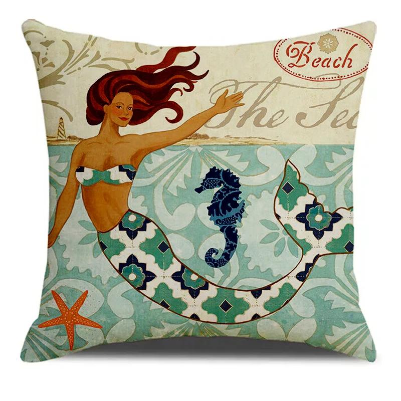 Marine Animal Mermaid Sea Starfish Seahorse Print Square Pillowslip  Blend Cushion Cover Pillowcase Living Room Home Decor