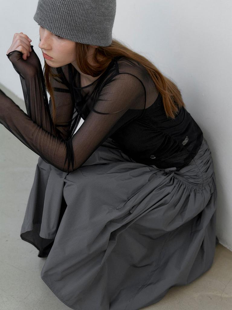 Atelier Nine Micro Check Shirring Midi Skirt (Sk-5079)