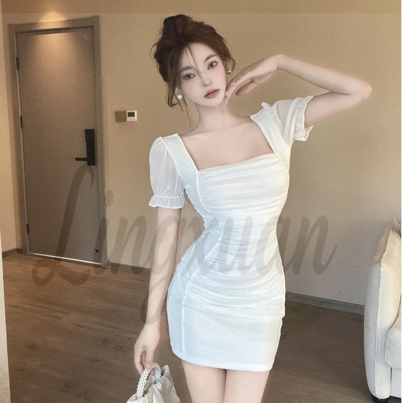 French Square Neck Summer Dress: Women's Puff Sleeve, Pleated Mesh Bodycon, Sexy A-line Mini Skirt