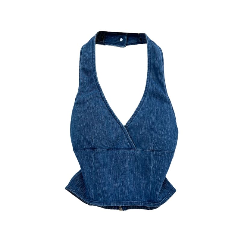 off-Shoulder Zipper V Neck Denim Silm Halter Spaghetti Straps