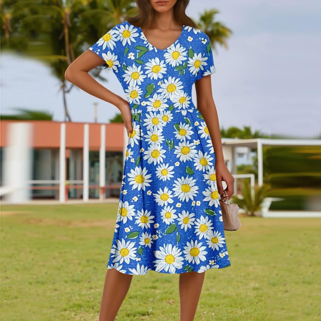 Ladies Summer Fashion Casual Floral Print V-Neck Short Sleeve Pocket Dress