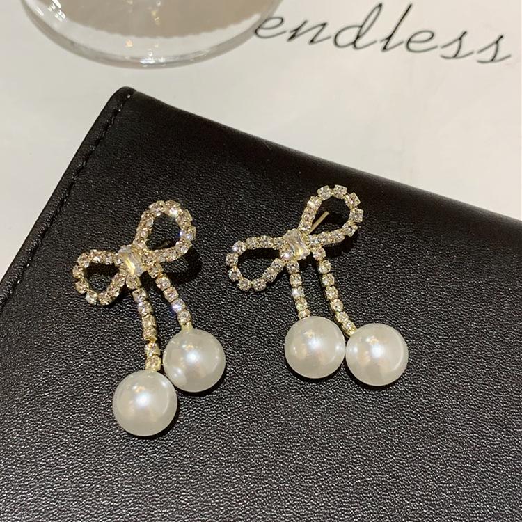 111 silver needle tassel bow zircon stud earrings for women exquisite, small and versatile earrings, fashion temperament, pearl earrings 925 silver needle