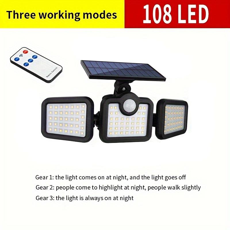 

108/138 LED/171COB Водонепроницаемый уличный солнечный светильник 3 головки с датчиком движения Освещение с пультом дистанционного управления для сада двора навеса