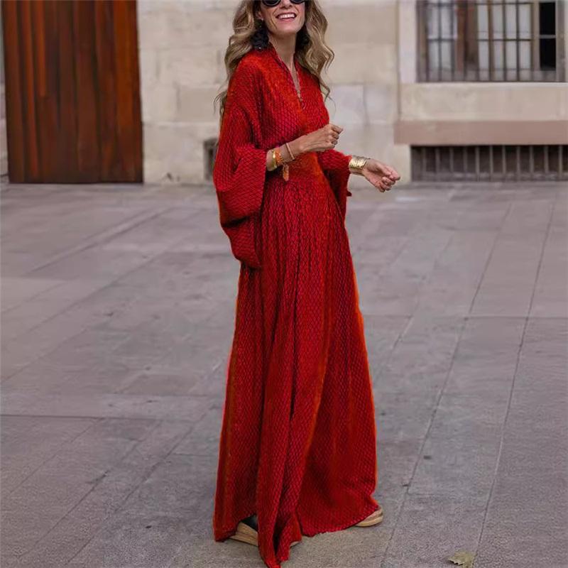 European And American Summer And Autumn Long Sleeved Loose V Neck Waist Large Swing Casual Dress Women