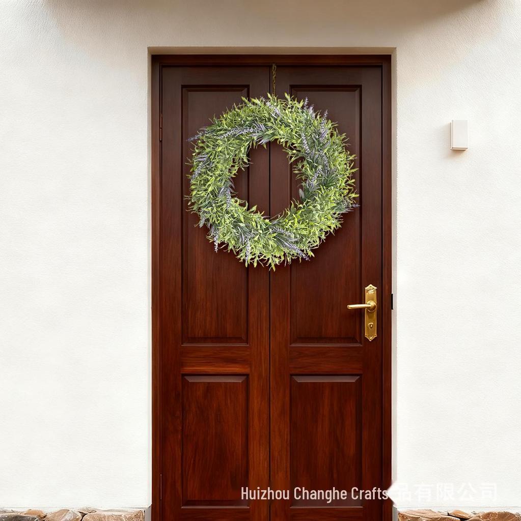 Artificial Lavender and Bamboo Leaf Wreath with Pink Flowers for Home Decoration