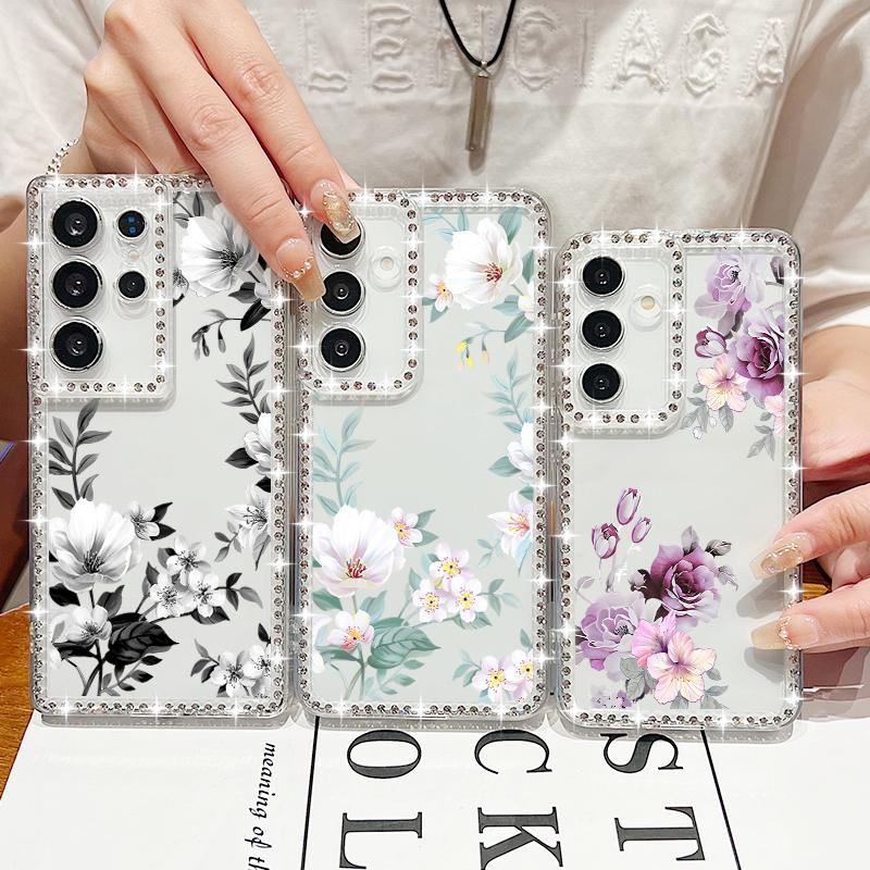 Husă Transparentă cu Cadru Diamant pentru Samsung S25 Edge S24 FE S23 Ultra S22 A56 A36 A16 A15 A55 A35 Model Floral Silicon Moale Antișoc Husă Bumper