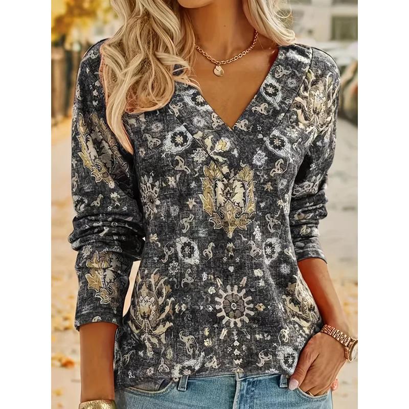 Plus Size Boho Top Women's Plus Floral Print Long Sleeve T-Shirt Casual V Neck Slight Stretch Top Clothing