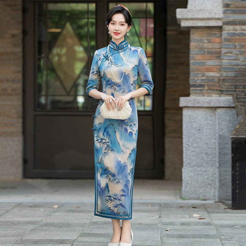 Elegant Vintage-Inspired Long Sleeve Cheongsam Dress Women Fall Slim Fit High-End Retro Style