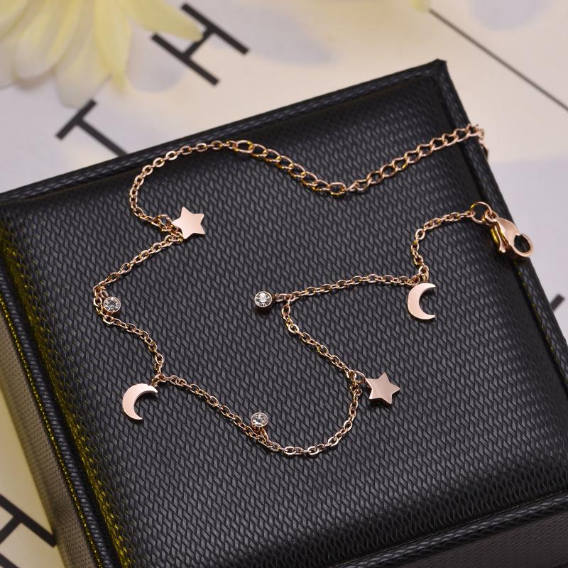 Korean 18K Rose Gold Star & Moon Titanium Steel Anklet with Diamonds - Unique Women's Forest Style, Non-Fading.