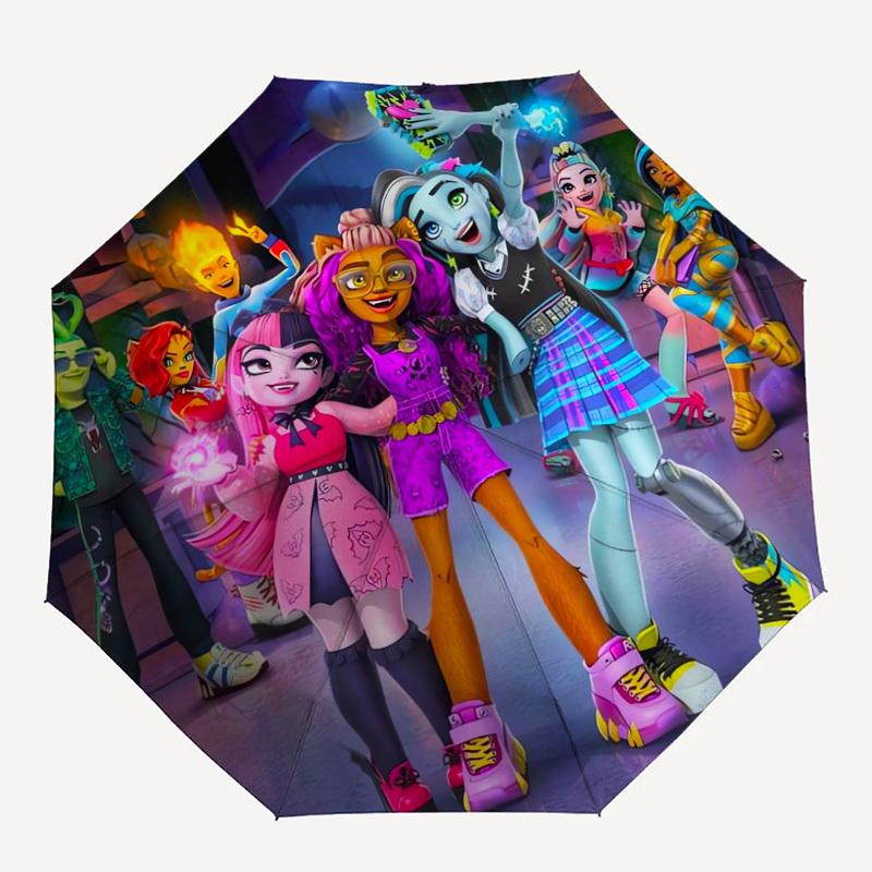 1pc Monster High Ghoulfriends Pattern Small Travel Compact Windproof Umbrella, Automatic Folding Umbrella, Automatic Open/Close ,Gift