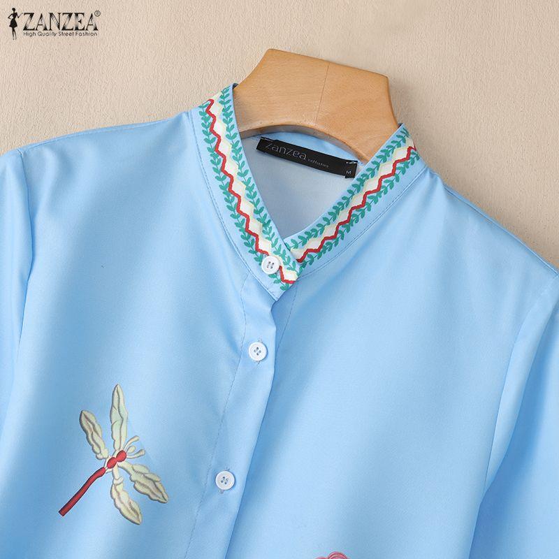 ZANZEA Women Stand Collar Loose Summer Casual Half Sleeve Print Blouse