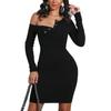 Women Fashion Knitted Button Slim Dress Long Sleeve Color Dress