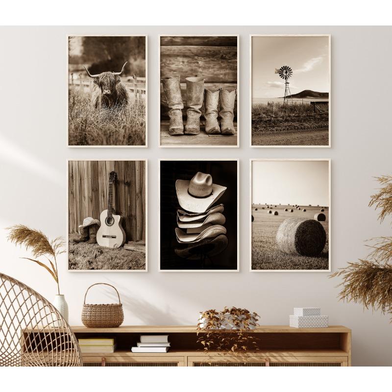 Retro Abstract Farm Landscape Cowboy Haystack Cow Guitar Poster Canvas Painting Printing Art Picture Home Room Wall Decor Gift