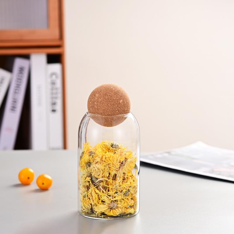 Skladovací sklenice z vysoce borosilikátového skla s korkovým víčkem na kuchyňské obiloviny a čaj, vzduchotěsná a průhledná.