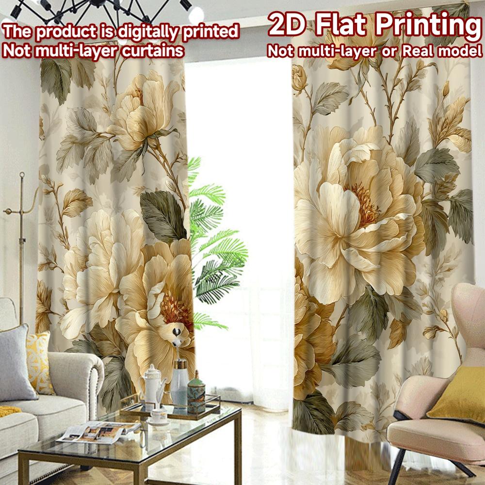 2D FLAT PRINTING 2pcs Curtains (Without Rod) Floral Golden Design Popular Window Curtain Yarn Curtains Blessing _ Peaceful