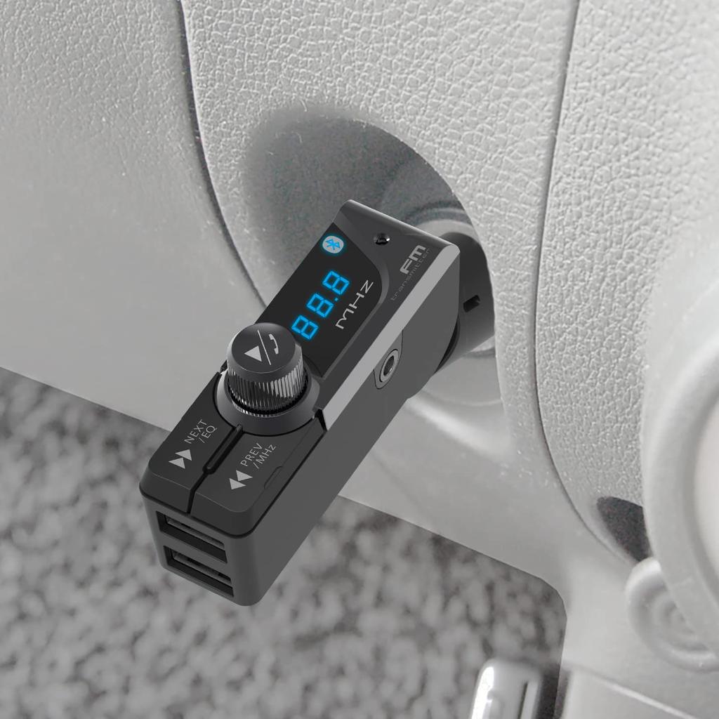 NKD-230 Slim Design Type Bluetooth FM Transmitter, AUX Output, USB x 2 Ports, Talks, Angle Adjustment, etc