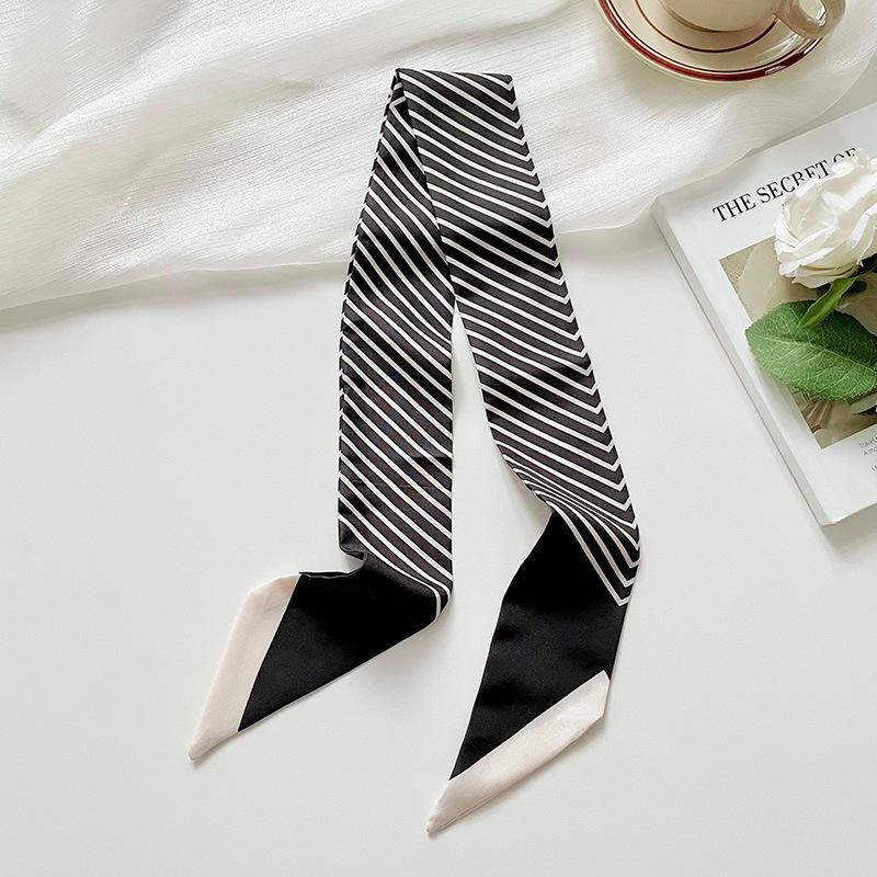 Striped long silk scarf, high-end sense fashion commuting versatile professional small scarf decoration hair tie bag streamer