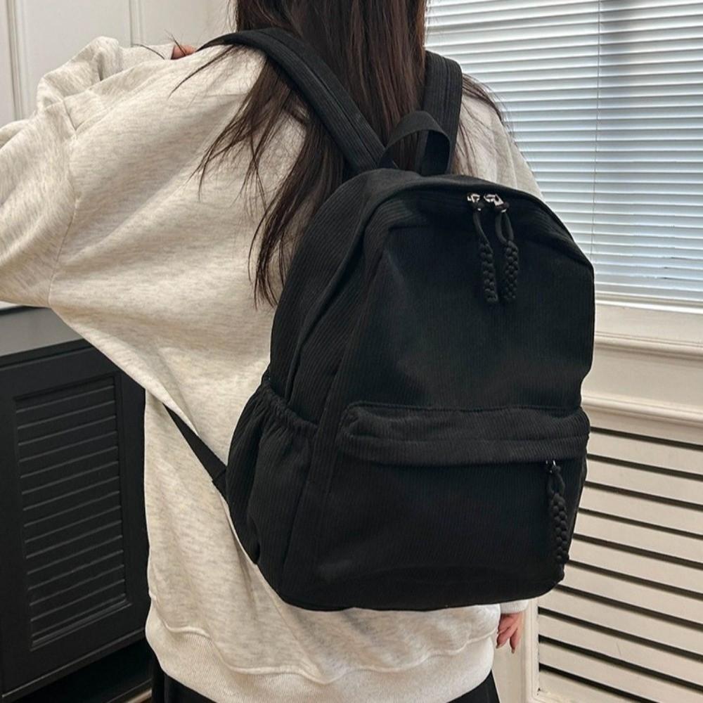 Large Capacity Corduroy Backpack Solid Color Students Daypack Casual Students School Bag Travel