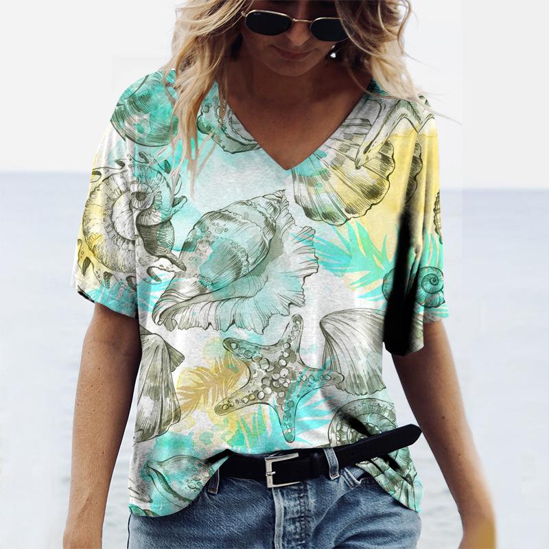 Summer V-neck 3D Ocean Printed Top Fashionable Casual Short Sleeved Women's T-shirts