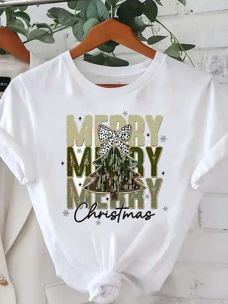 (Asian Size) Short Sleeve T-shirts  Print merry Christmas o-neck festival lovely Women's Top new year T Clothing Fashion holiday Graphic Tee