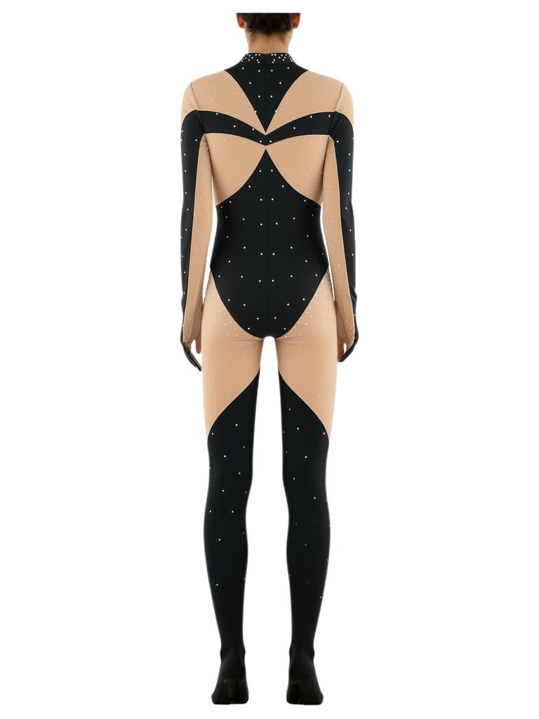 Unitard Lucios cu Strass-uri pentru Gimnastică Feminină, cu Mâneci Lungi și Mănuși, cu Picior, Culoare Contrastantă, Body pentru Patinaj Artistic