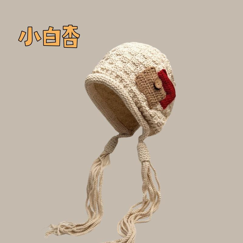 Cute little cashmere hat women's autumn and winter warm straps knitted ear hat outdoor pullover hat