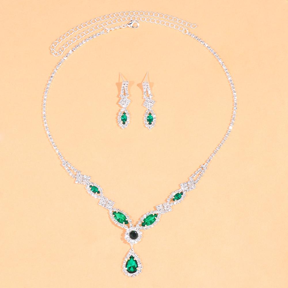 Elegant Emerald Green Crystal Jewelry Set Wedding Accessories 2023 Bridal Water Drop Necklace Earrings Set Ladies Gift
