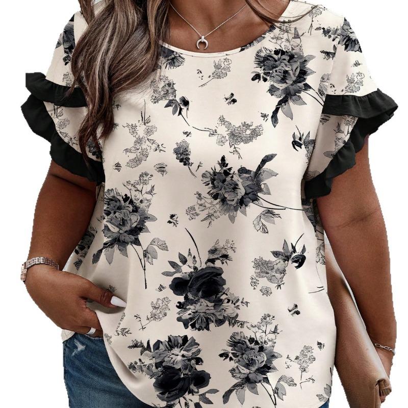 Women's New Summer Round Neck Spliced Ruffle Loose Printed Short Sleeve Tops T-shirt