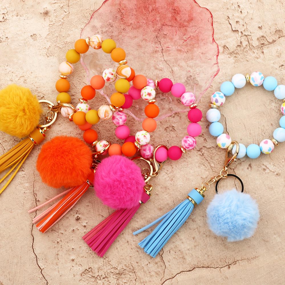 Silicone Bead Bracelet with Pom-Pom Keychain & Tassel Pendant - 2024 Women's Style