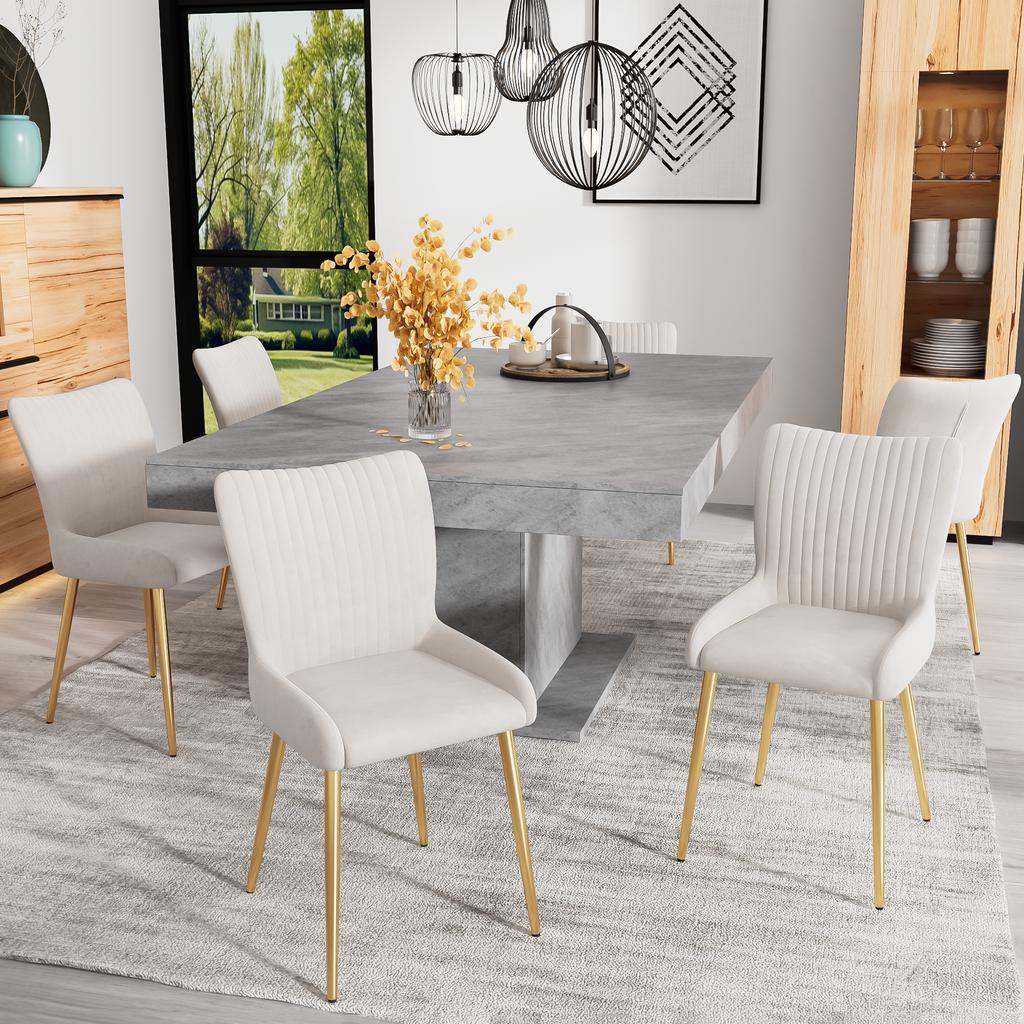 Velvet Dining Chair, Set of 6, Luxurious, Living Room, Bedroom, Lounge Chair with Four Golden Metal Support Legs, Lumbar Support, Beige