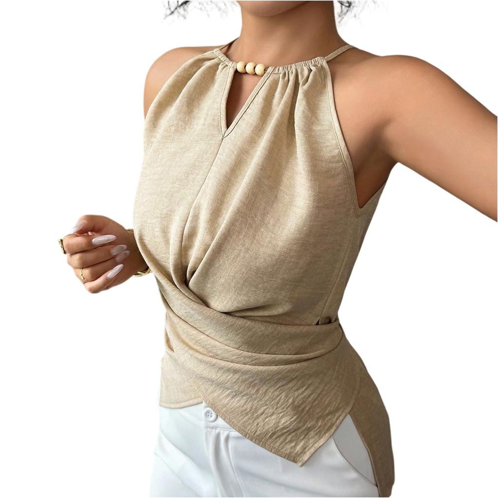 Sleeveless Halter Neck Waist Tie Short Top for Women Summer Casual Blouse Lightweight Soft Fabric Stylish Fit