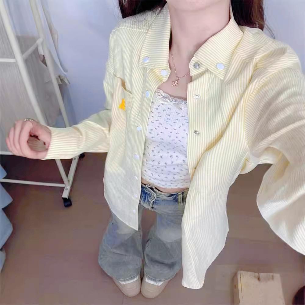 Yellow Striped Polo Collar Shirt Jacket Women's Spring and Autumn Loose Casual Cardigan Lazy