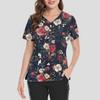 Women's Loose Short Sleeved Fashionable Flowers And Plants Printing V-neck Buttonable Side Slit Top T-shirt
