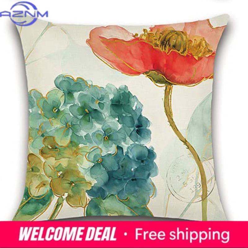 Home Decor Colorful Floral Watercolor Pattern Throw Pillows Pattern Cushion Cover Suitable For Sofa Bedroom Car Pillow Cover