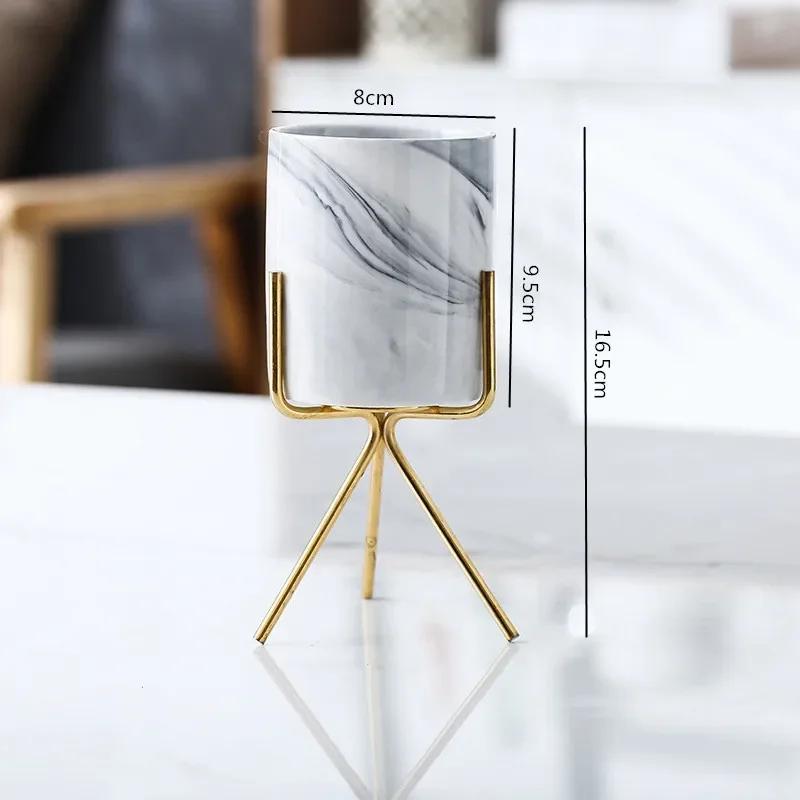 Nordic Ceramic Iron Art Marble Vase Pattern Rose Gold Green Table Plant Pot For Home Office Vases Decor Succulent Flower Pot