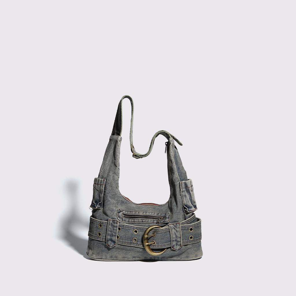 Spring Y2K Washed Denim Bag Premium Spice Girl Style Underarm Bag Casual Versatile Commuter Oblique Span Bag