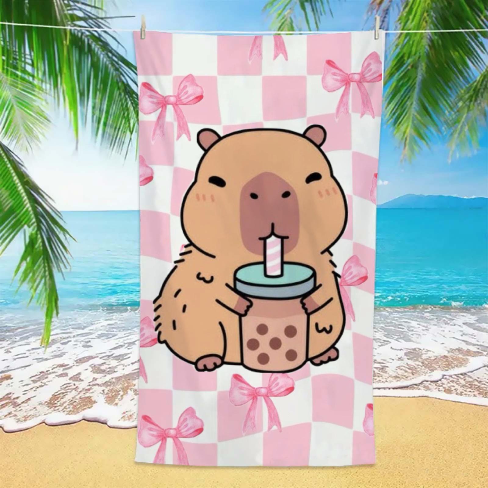 

Sweet Capybara Beach Towel 1pc Pink Checkered Bow Print Soft Absorbent Towel for Beach Pool Travel Girls Summer Essentials W40*H60(CM)