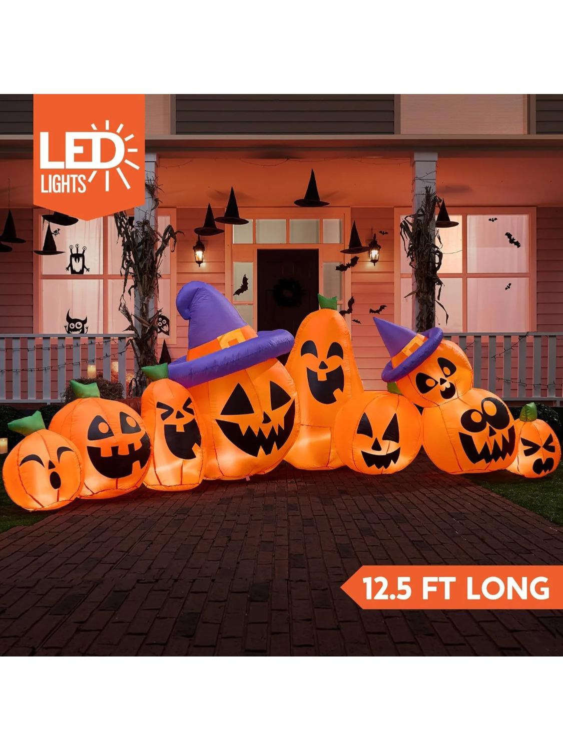 

Joyfy 12.5 FT Halloween Inflatable Long Pumpkin with Witch Hat Decorations Inflatables with Build-in LEDs for Halloween Decor